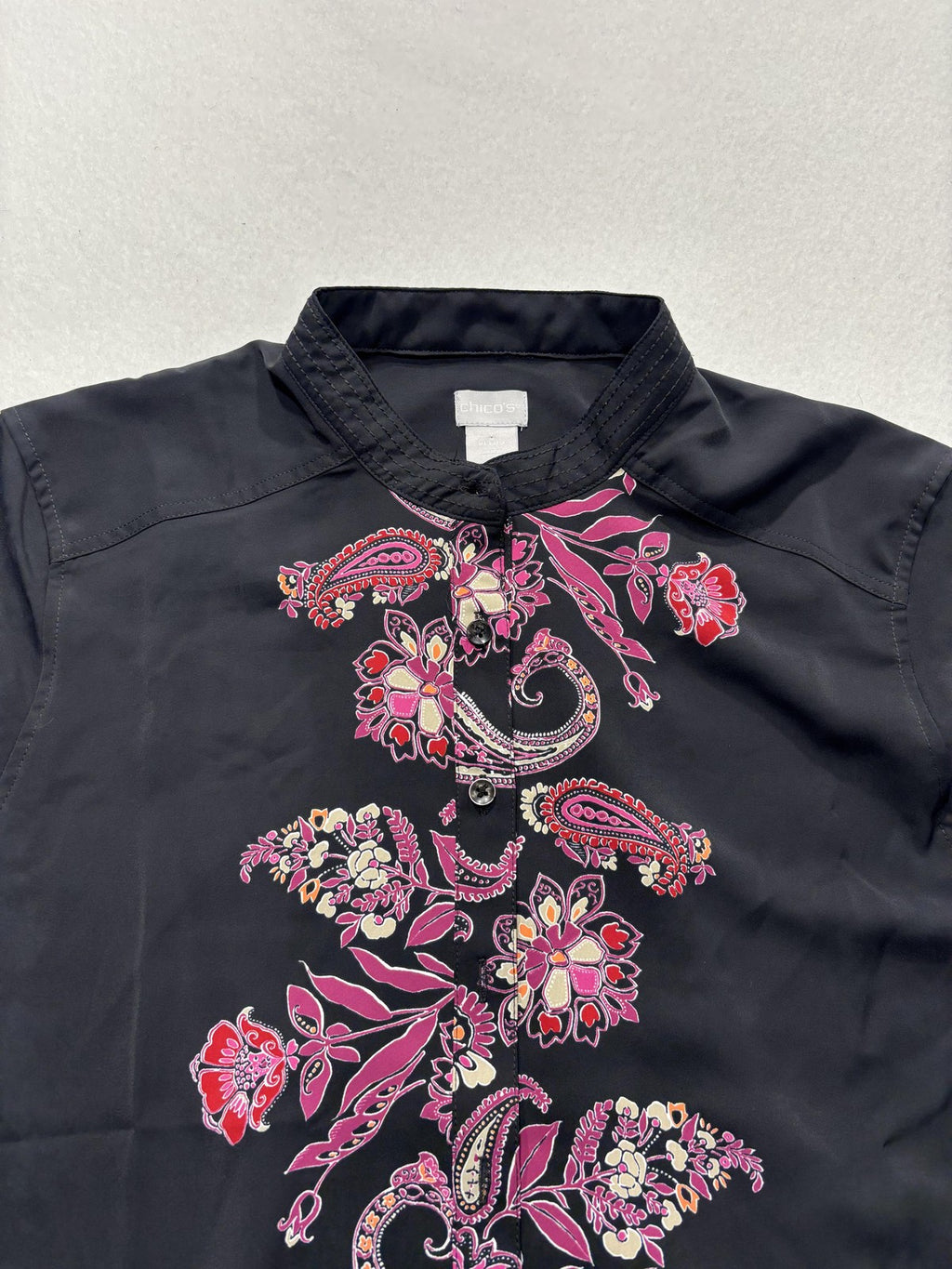 Chico's Shirt Womens 2 Black Paisley Floral Tunic Blouse Long Sleeve Casual