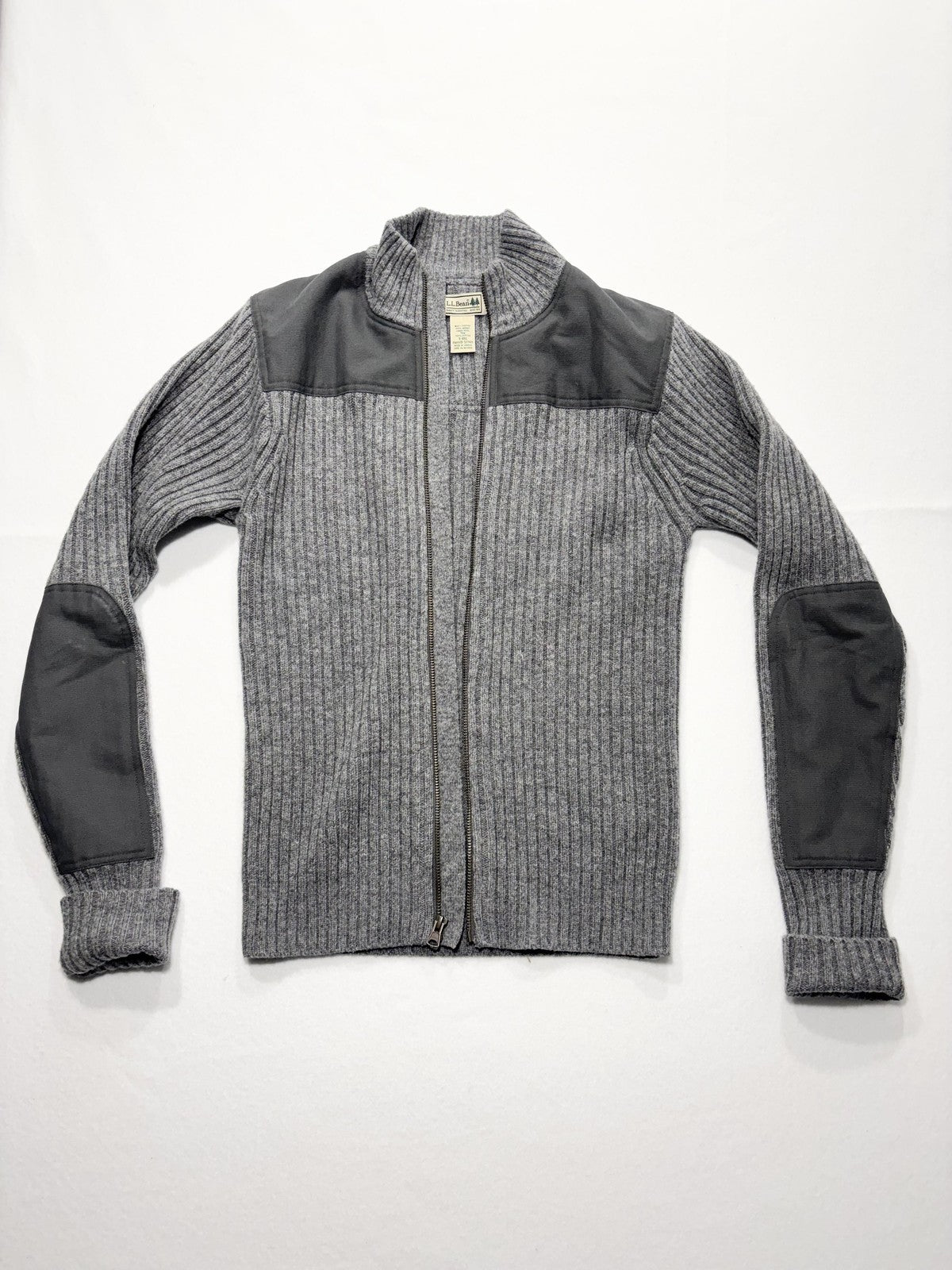 L.L. Bean Sweater Mens Small Gray Ribbed Wool Full Zip Commando Mock Neck Knit