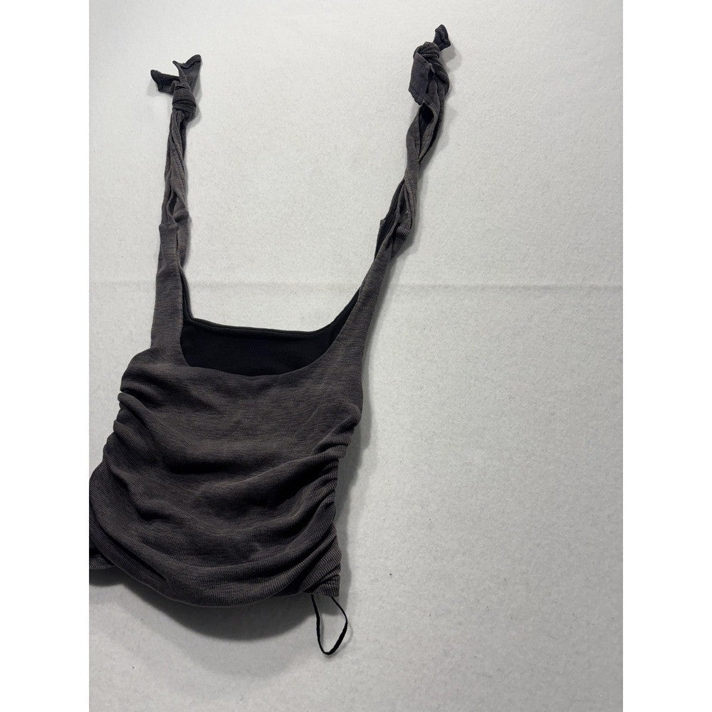 Free People Tank Top Womens XS Gray Ruched Tie Strap Cropped Knit Summer Casual
