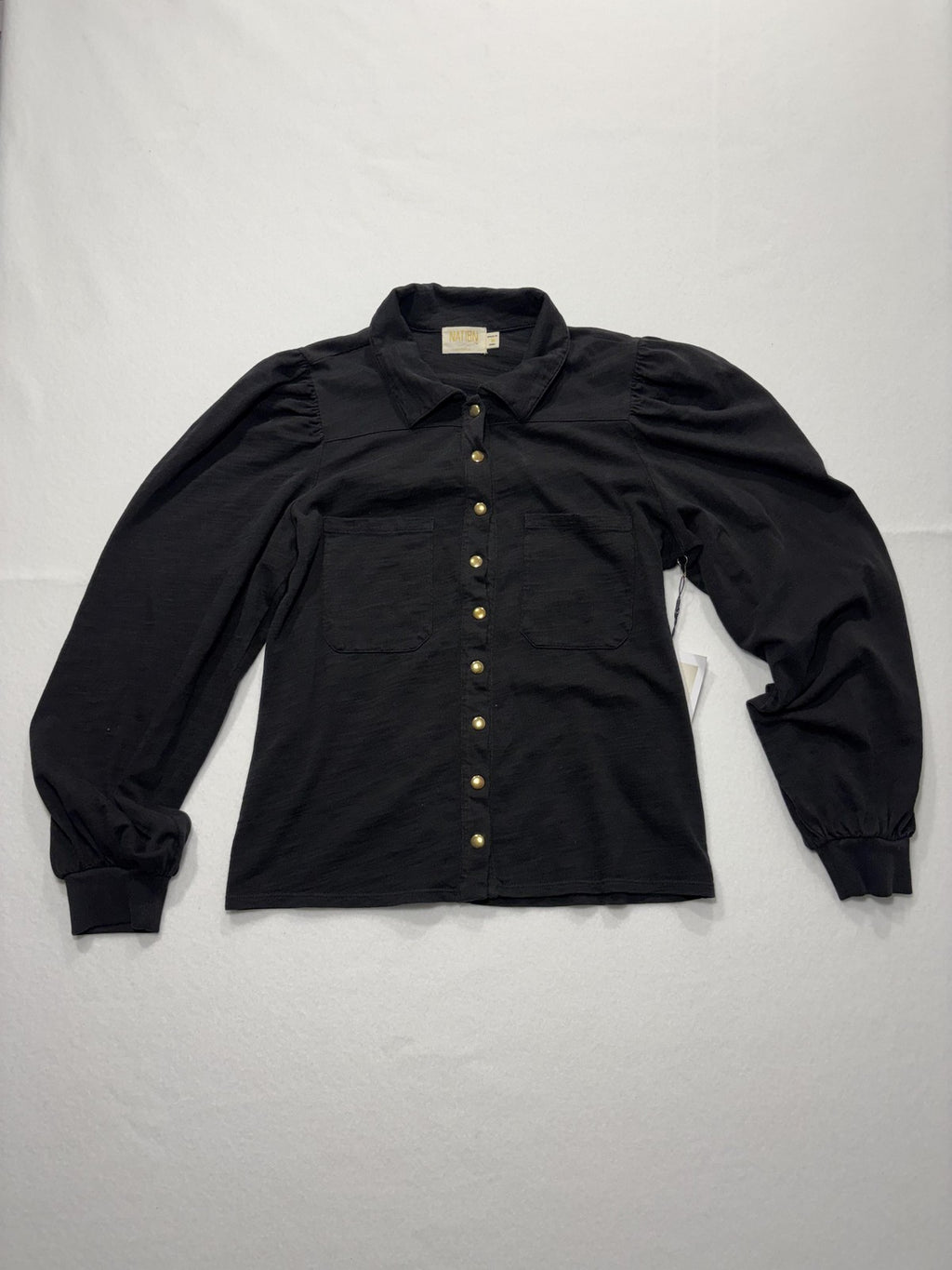 Nation LTD Button Up Shirt Womens Medium Black Puff Sleeve Cotton Collared Top