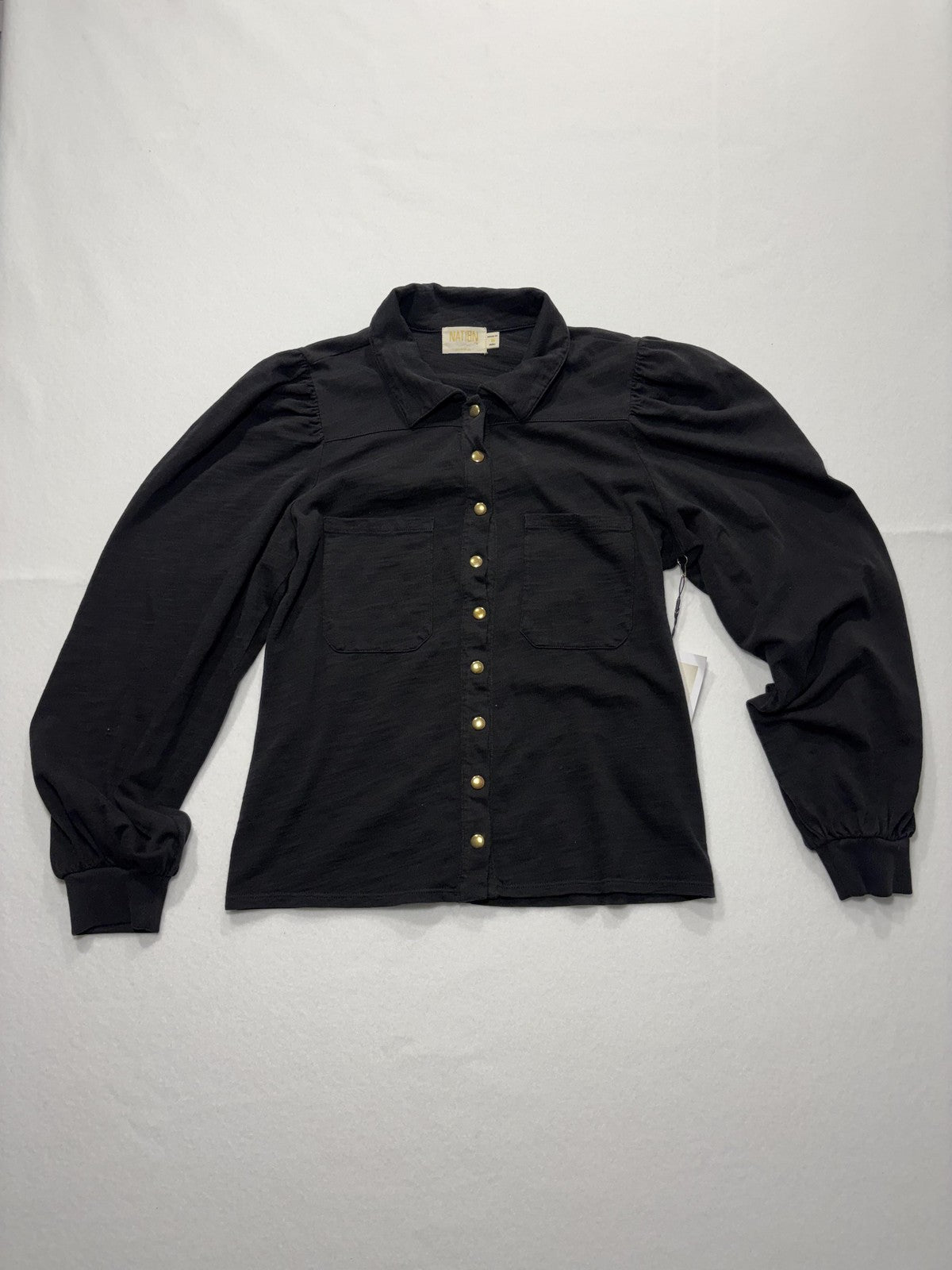 Nation LTD Button Up Shirt Womens Medium Black Puff Sleeve Cotton Collared Top