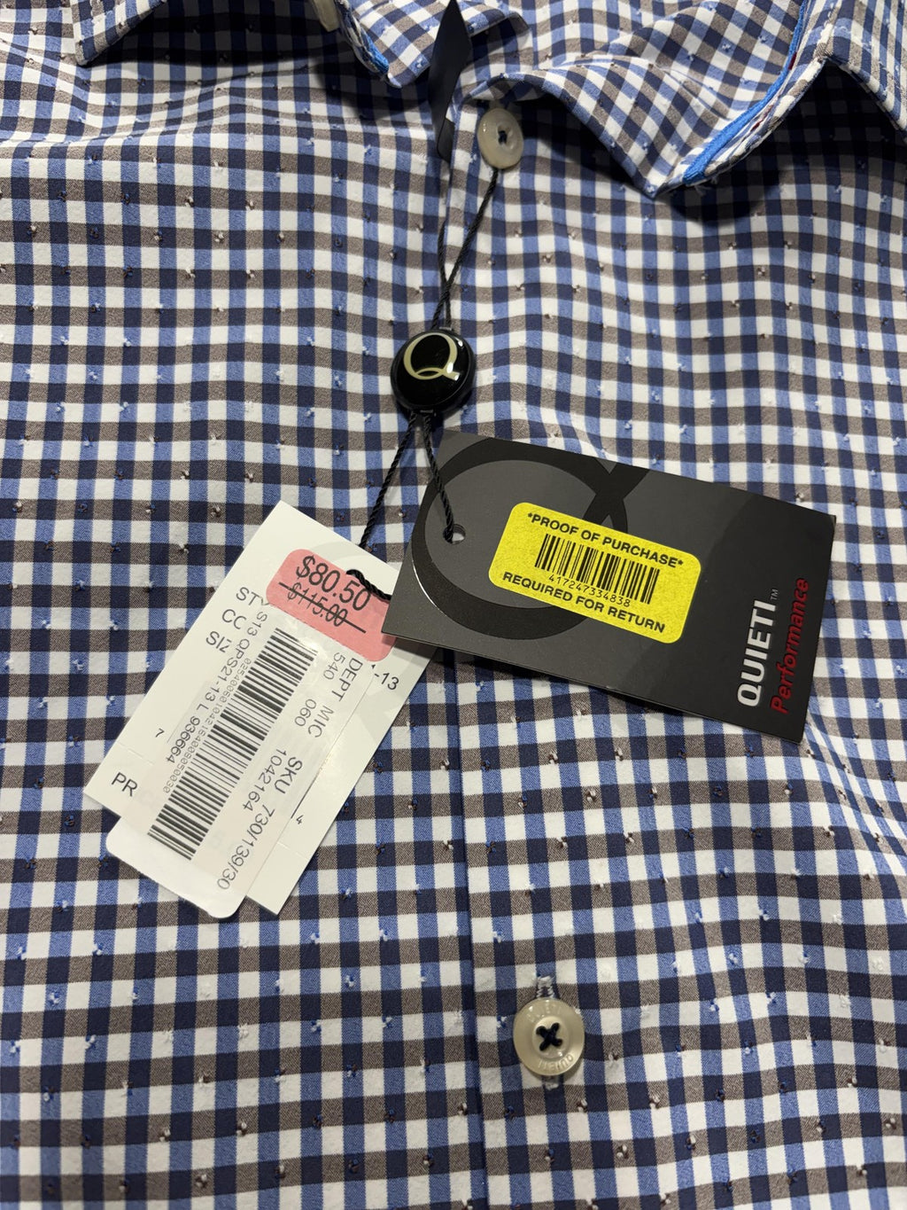 Quieti Dress Shirt Mens Large Blue Gingham Non Iron Performance Long Sleeve