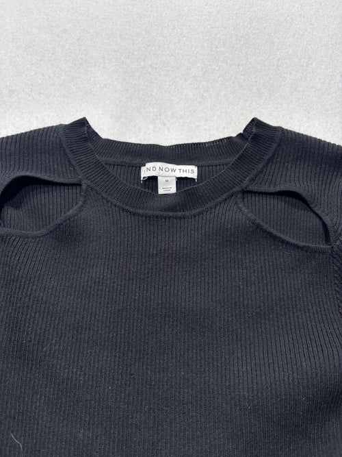 And Now This Black Ribbed Knit Crew Neck Cutout Bodycon Sweater Dress Womens M