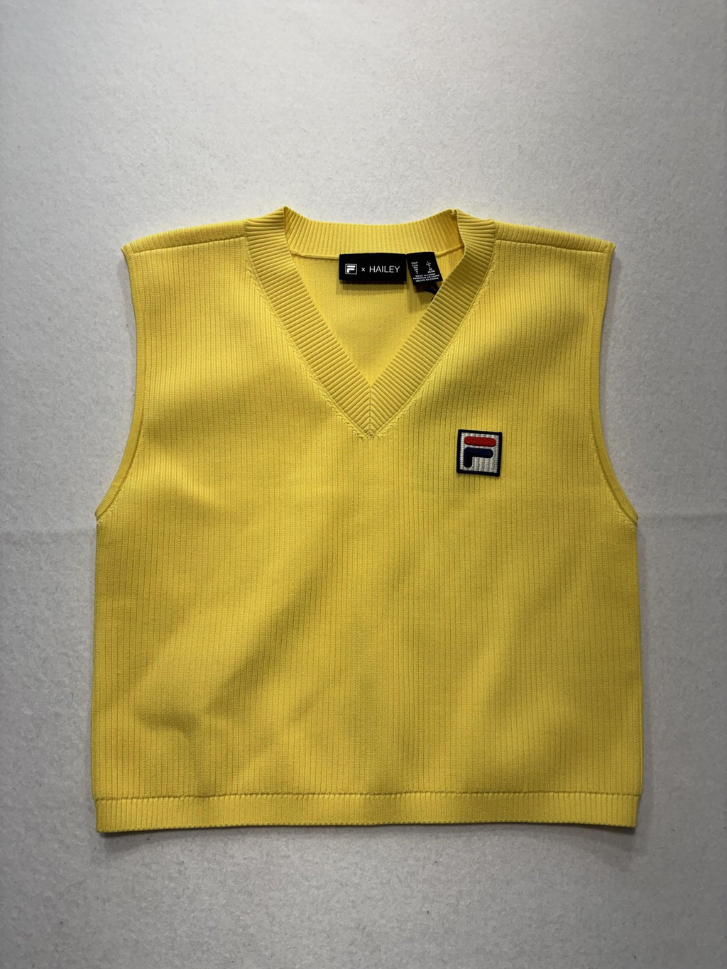FILA Sweater Vest Womens Large Yellow V Neck Rib Knit Logo Hailey Crop Top