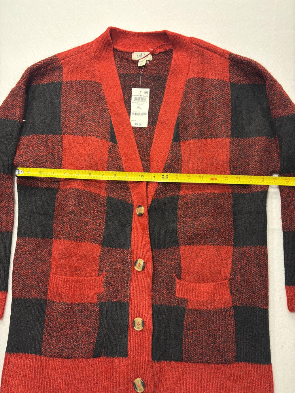 Style&co. Cardigan Womens PL Red Buffalo Plaid Chunky Knit Button Front Pockets