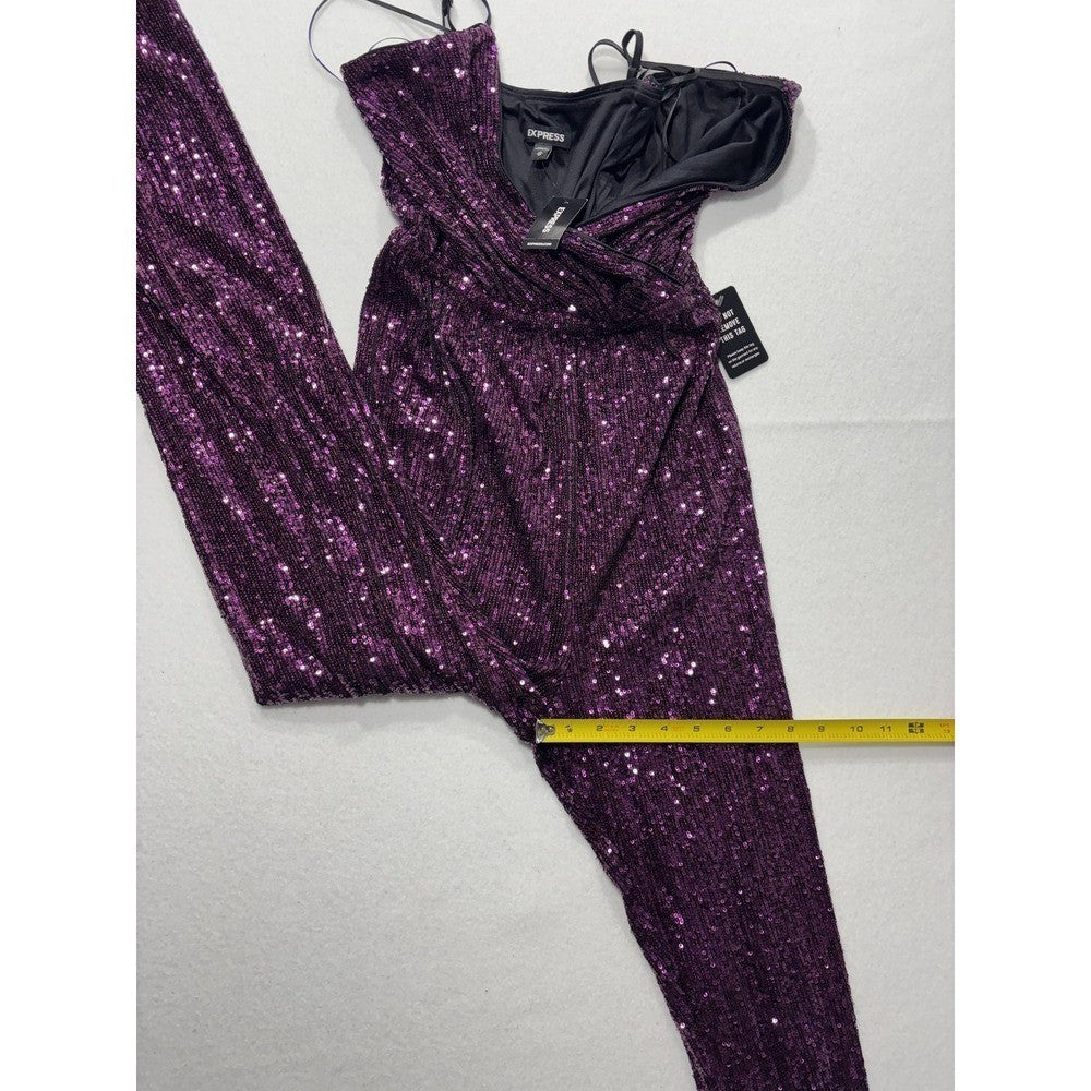 Express Jumpsuit Womens XS Purple Sequin V Neck Wide Leg Sleeveless 19938189 NEW
