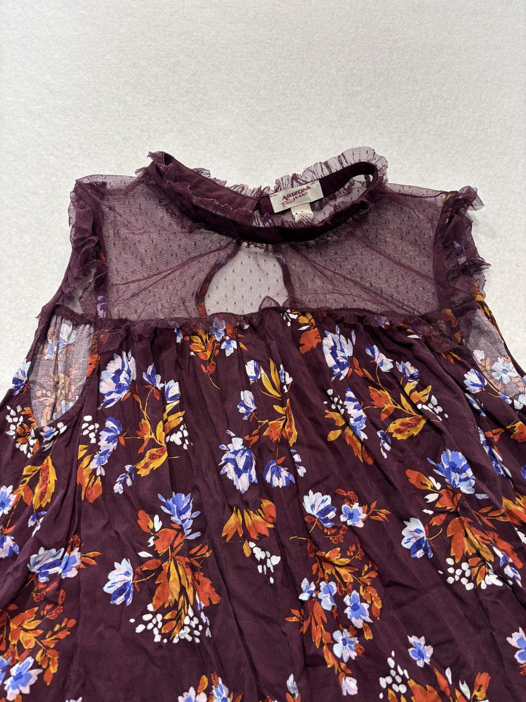Arizona Jean Co. Blouse Juniors XL Purple Floral Mesh Mock Neck Ruffle Sheer