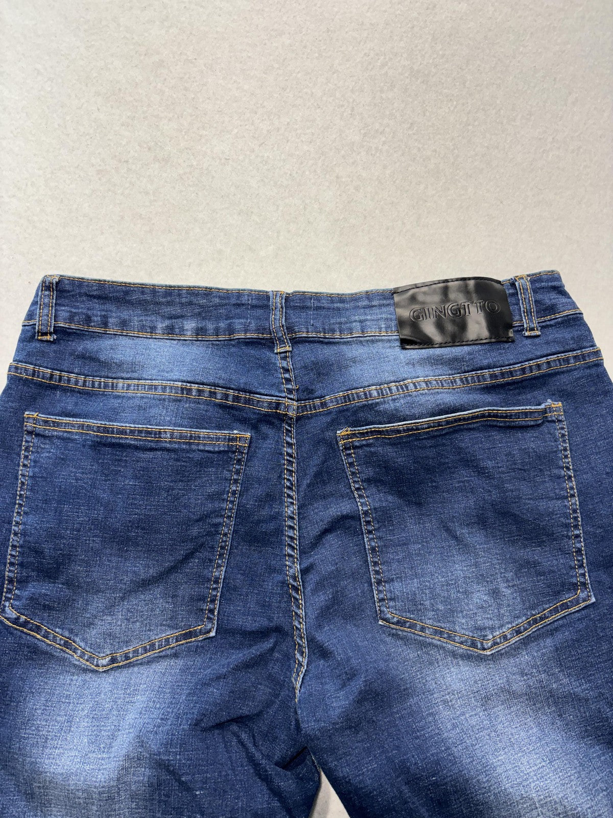 GINGTTO Bermuda Shorts Mens 34 Blue Denim 11" Inseam Distressed Slim 5-Pocket