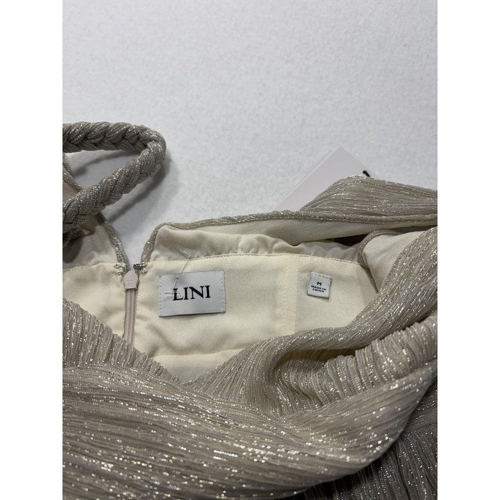 LINI Katherine Dress Womens Medium Champagne Metallic Pleated V Neck Maxi