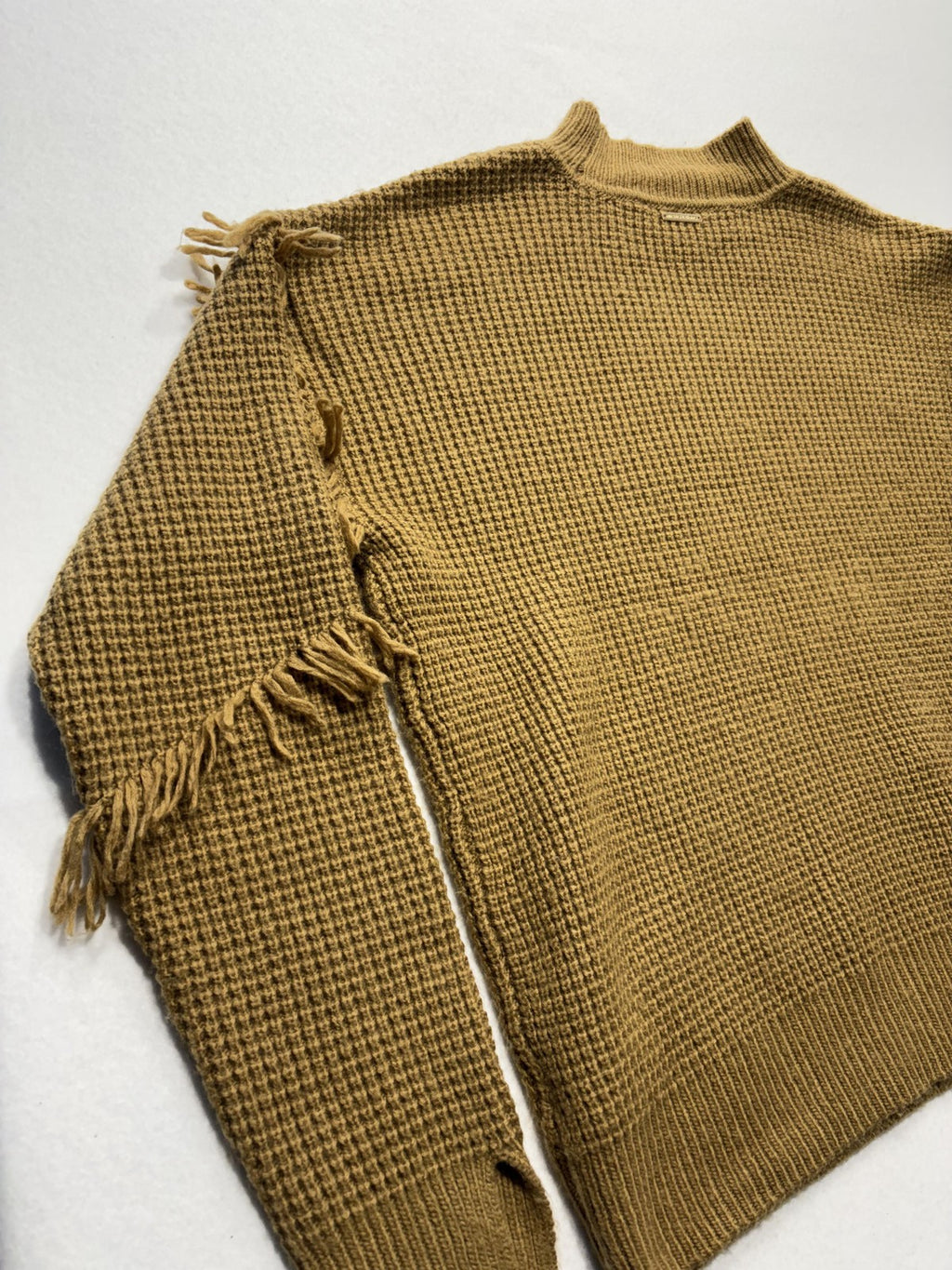 MICHAEL Michael Kors Sweater Womens Large Brown Waffle Knit Fringe Mock Neck