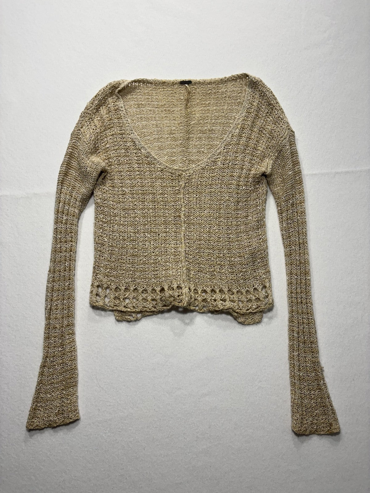 Free People Sweater Womens XS Beige V Neck Long Sleeve Open Knit Crochet Boho