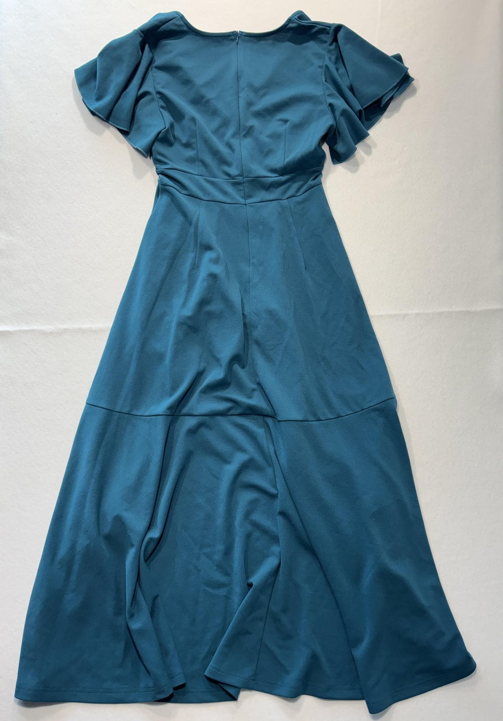 ZZV Dress Womens Medium Blue Cowl Neck Flutter Sleeve Asymmetrical Ruffle Midi