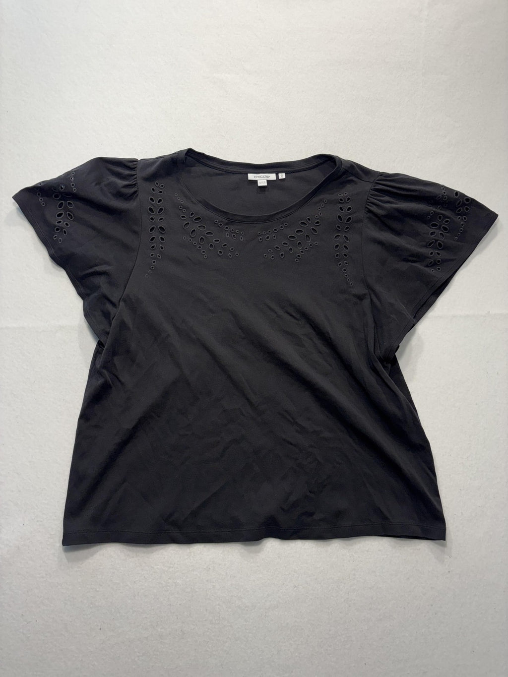 Chico's Shirt Womens XL Black Crew Neck Flutter Sleeve Eyelet Cotton Top