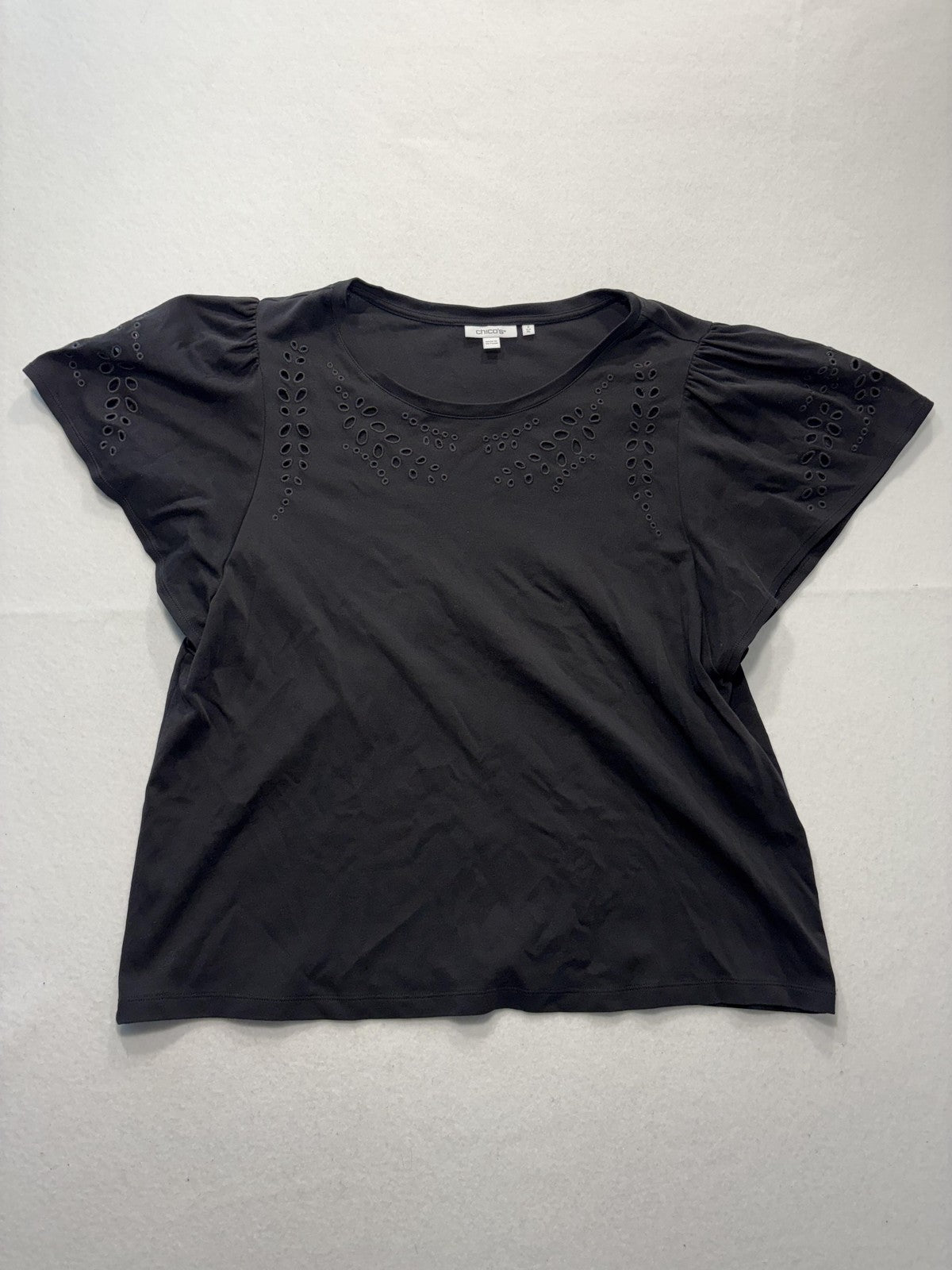 Chico's Shirt Womens XL Black Crew Neck Flutter Sleeve Eyelet Cotton Top