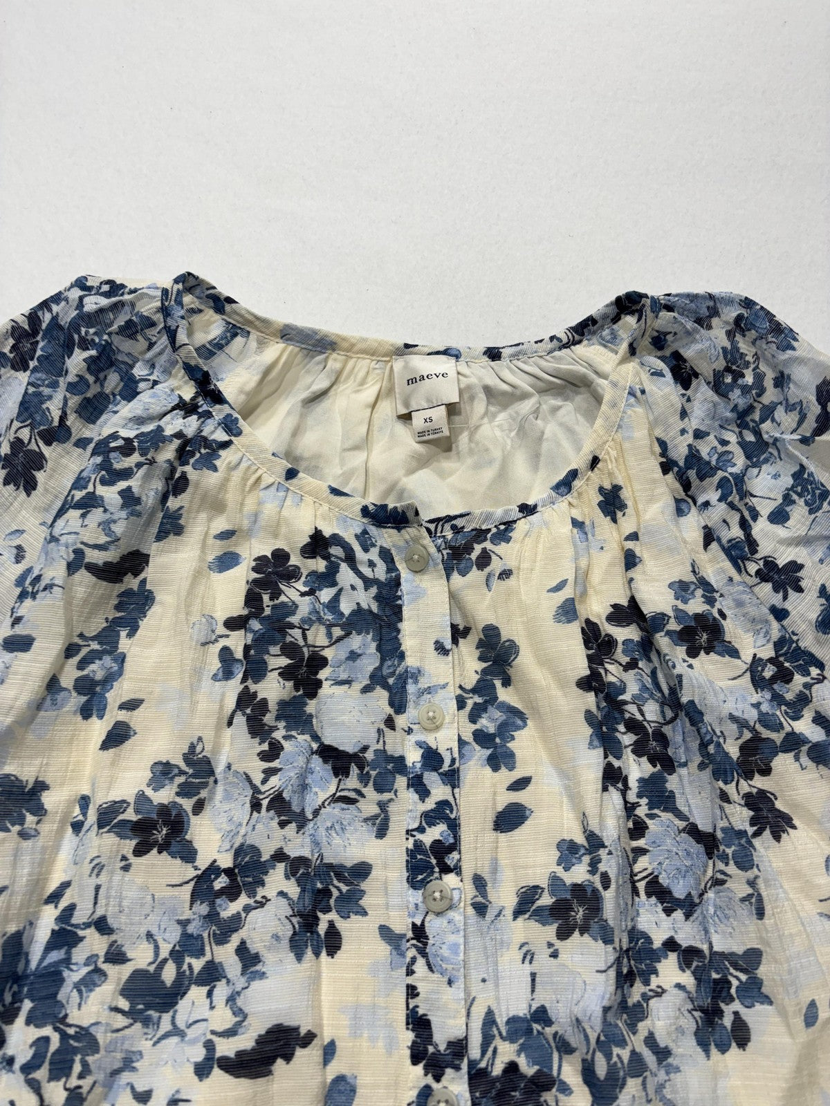 Maeve Blouse Womens XS Blue Floral Ruffle Bell Sleeve Peasant Boho Top