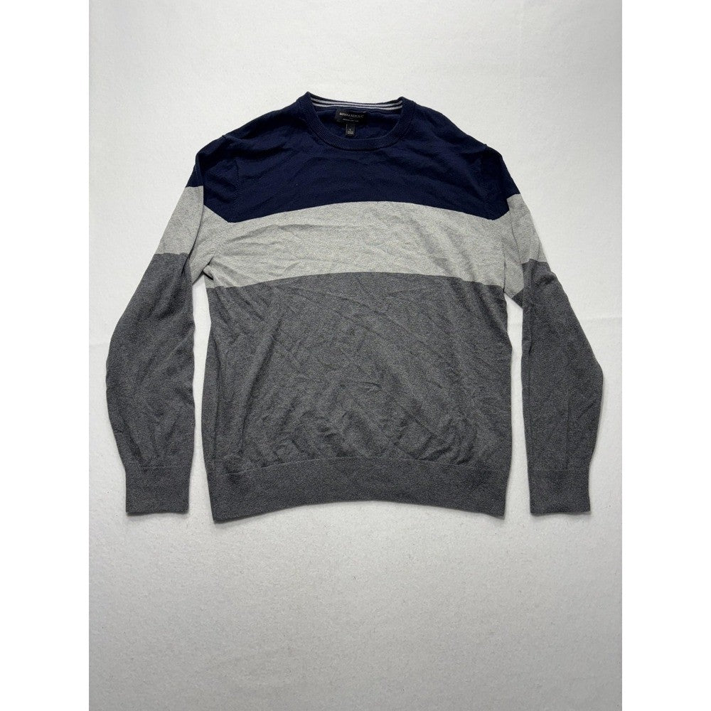 Banana Republic Mens Large Blue Gray Striped Crew Neck Luxe Yarn Knit Sweater