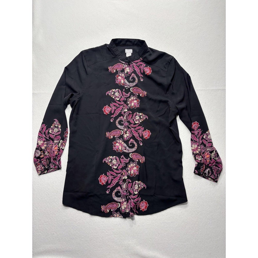 Chicos Womens 2 Black Paisley Floral Tunic Blouse Long Sleeve Mandarin Top