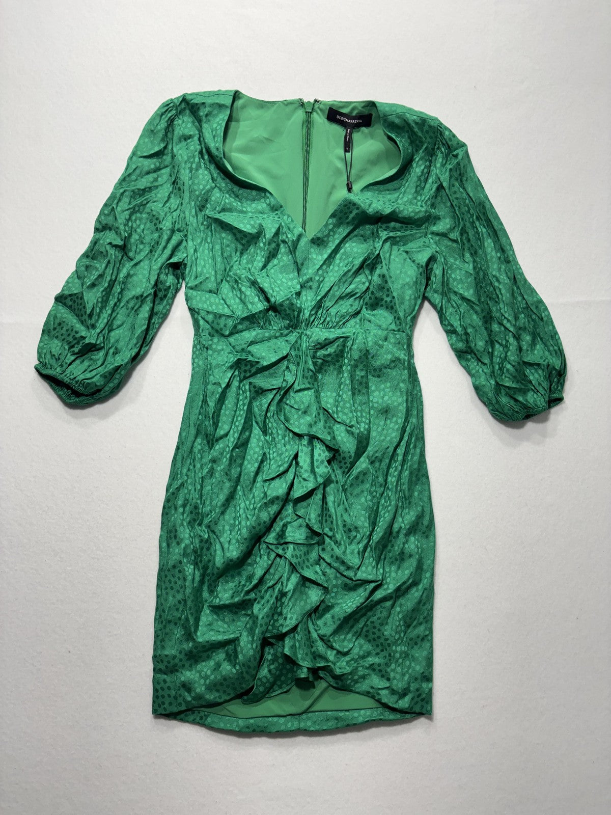 BCBGMAXAZRIA Dress Womens 4 Green Jacquard Sweetheart Ruffle Ruched Mini Party