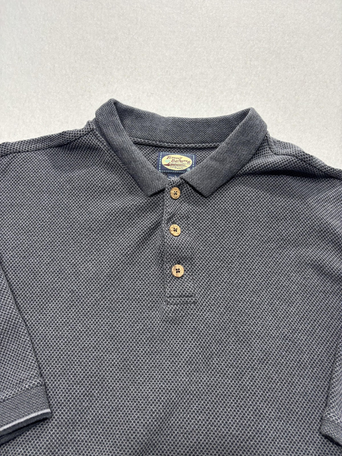 Tommy Bahama Polo Shirt Mens Large Gray Geometric Cotton Knit Short Sleeve Logo