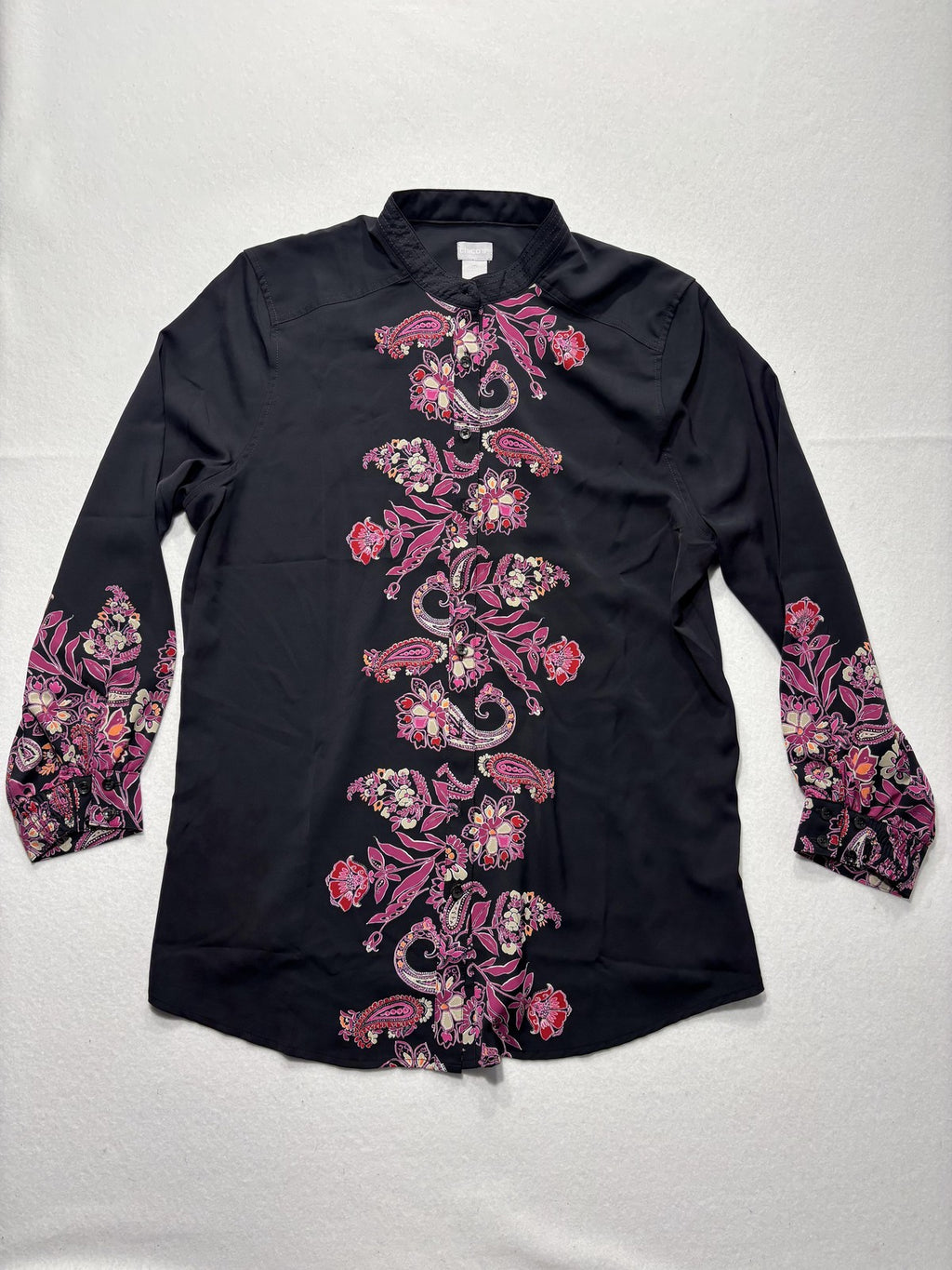 Chico's Shirt Womens 2 Black Paisley Floral Tunic Blouse Long Sleeve Casual