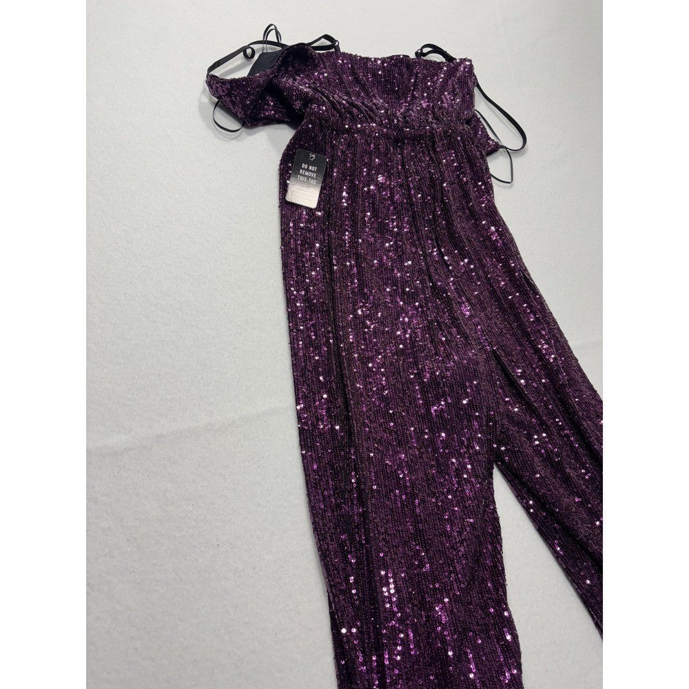 Express Jumpsuit Womens XS Purple Sequin V Neck Wide Leg Sleeveless 19938189 NEW