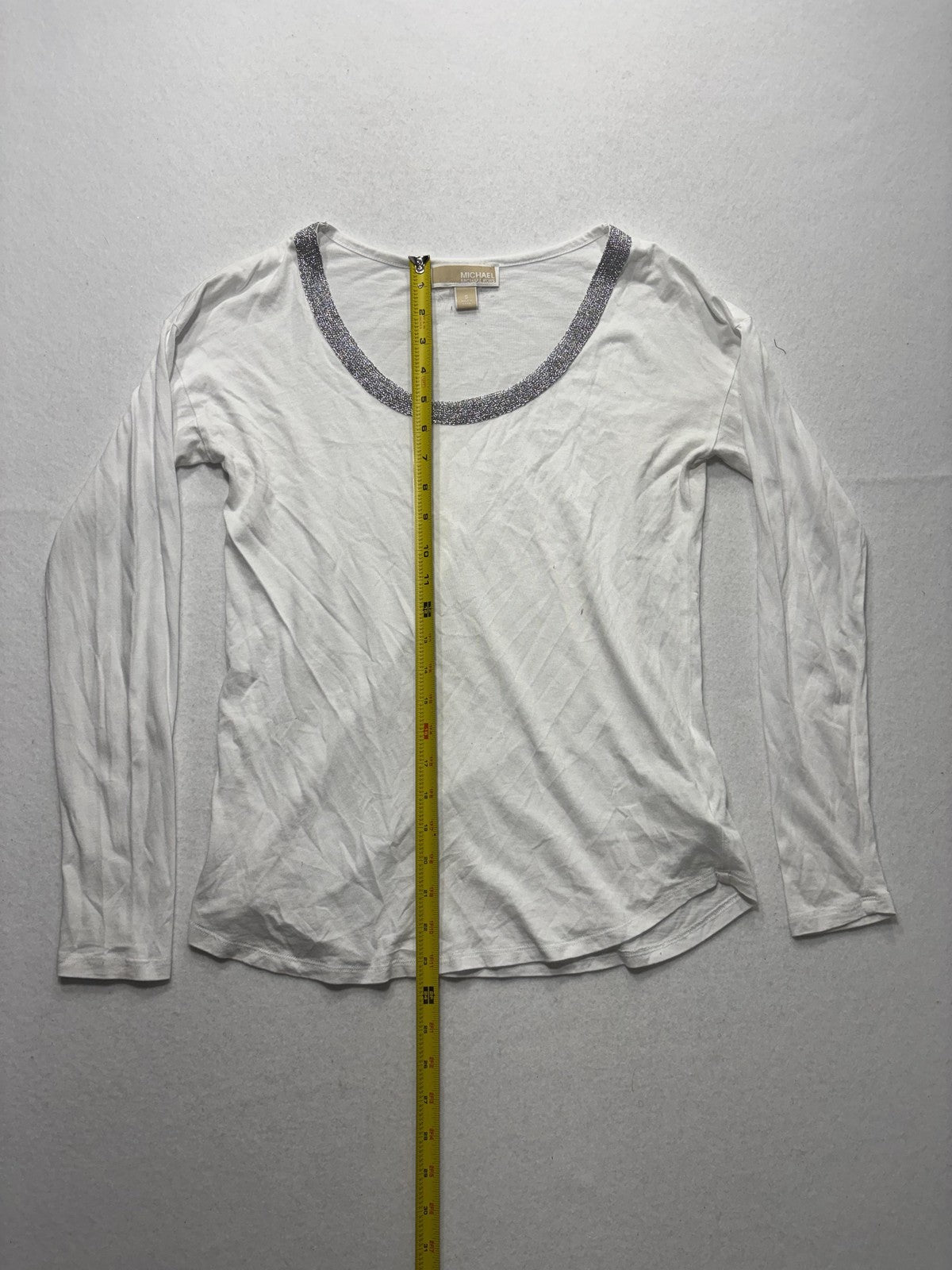 MICHAEL Michael Kors Top Womens Small White Scoop Neck Beaded Long Sleeve Jersey