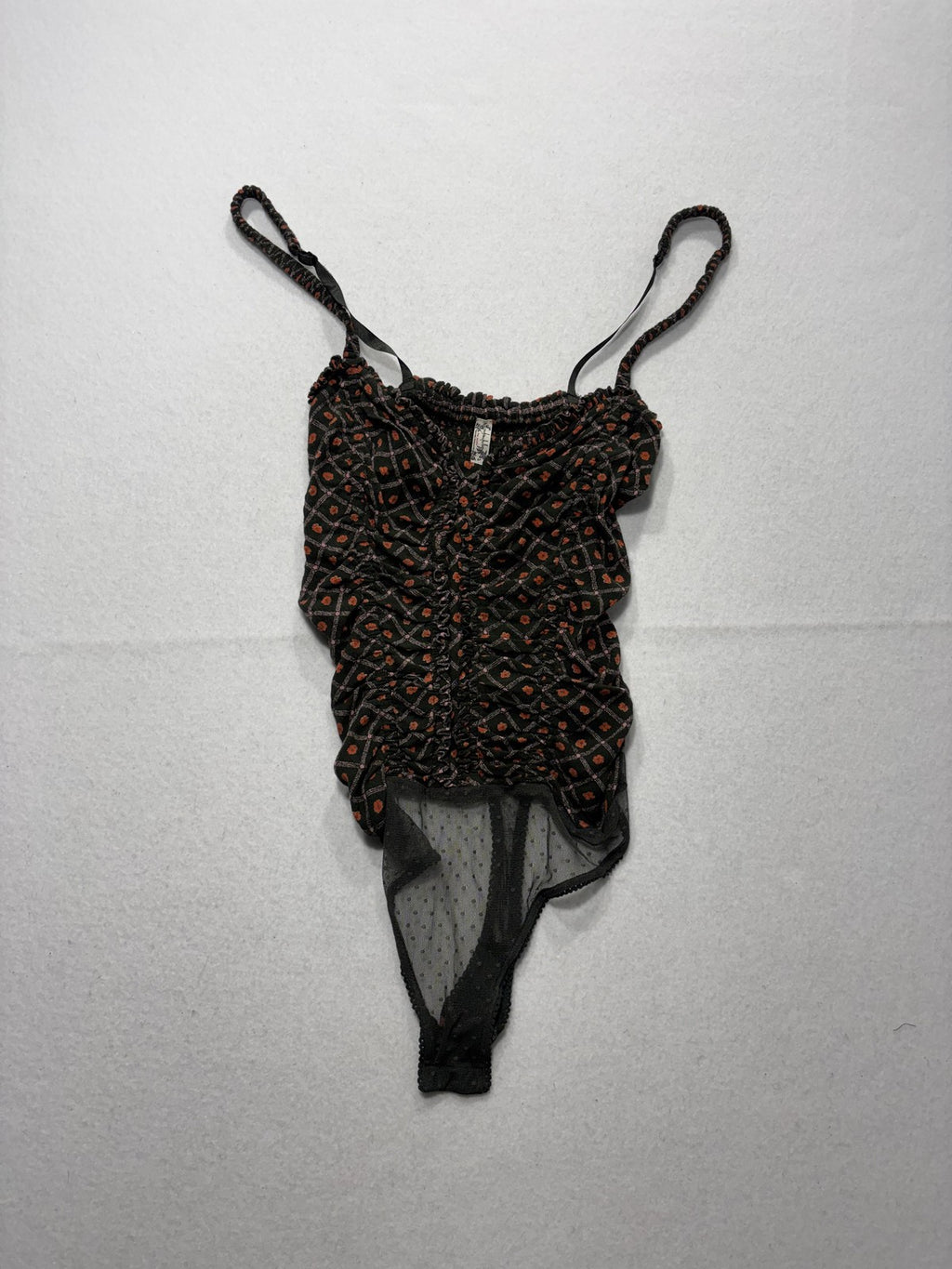 Free People Bodysuit Womens Small Black Smocked Ruched Sheer Mesh Thong