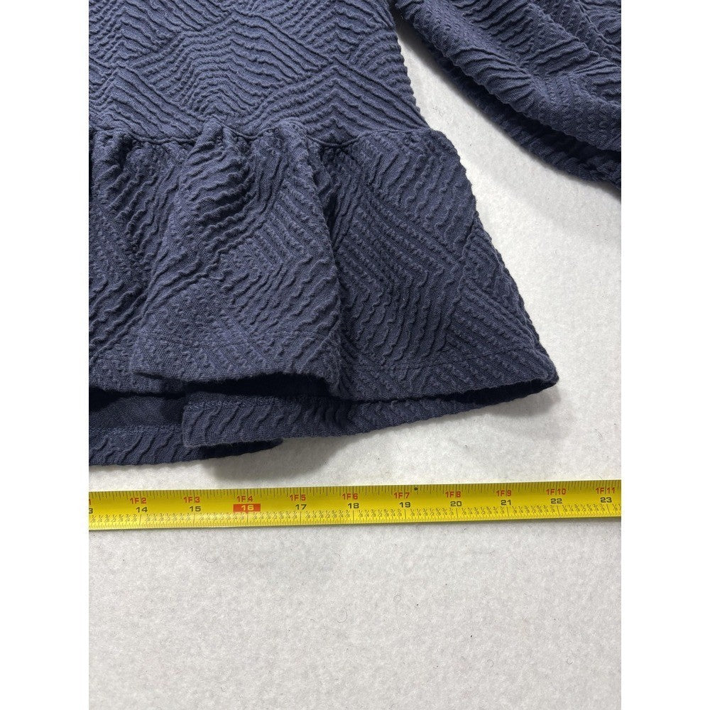 Maeve Blouse Womens XS Blue Textured Crew Neck 3/4 Puff Sleeve Peplum Tunic Top