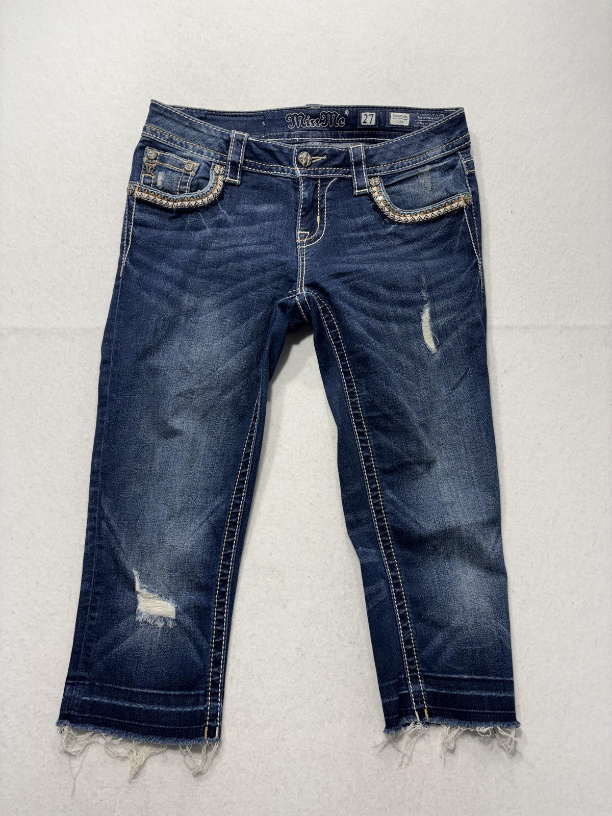 Miss Me Jeans Womens 27 Blue Wash Low Rise Signature Capri Embellished 27x21