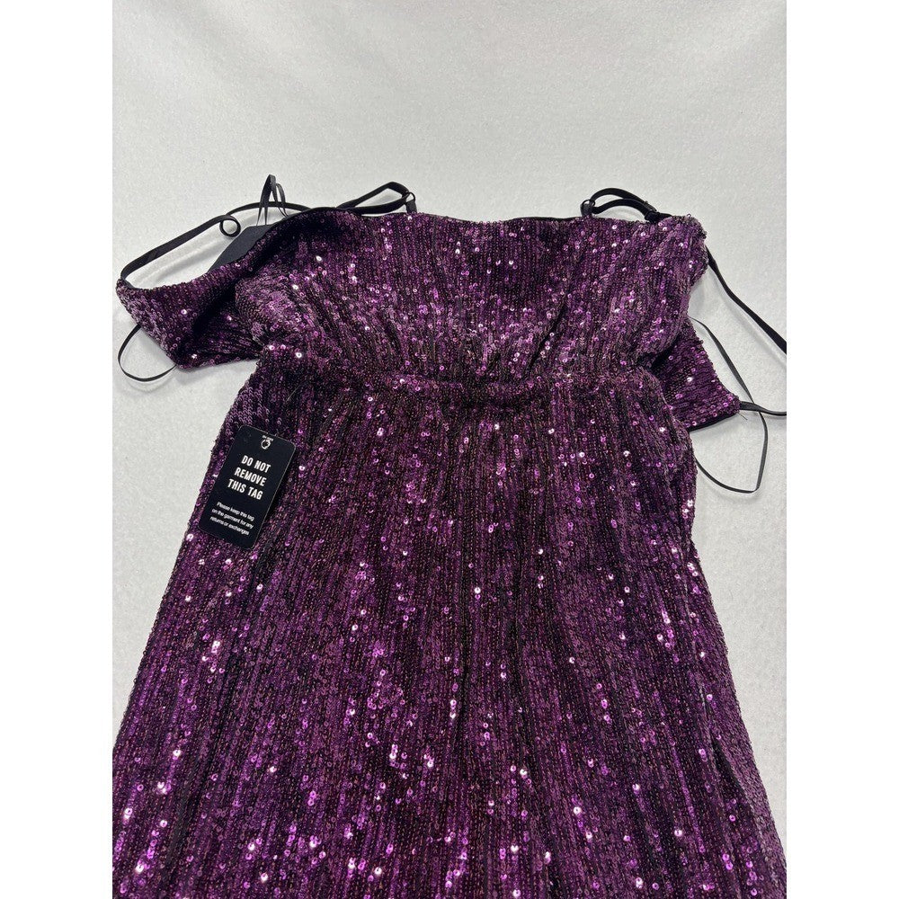 Express Jumpsuit Womens XS Purple Sequin V Neck Wide Leg Sleeveless 19938189 NEW