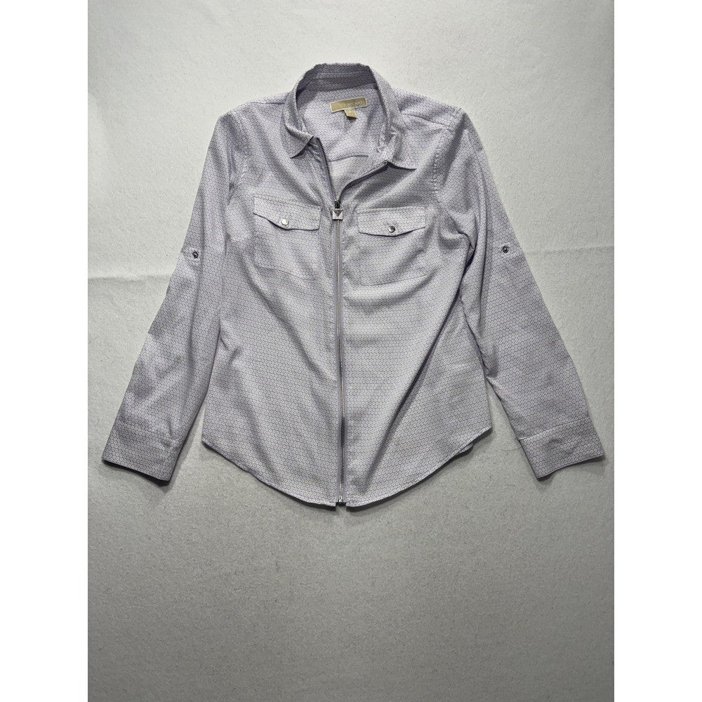 MICHAEL Michael Kors Blouse Womens Medium Purple Collared Zip Geometric Print