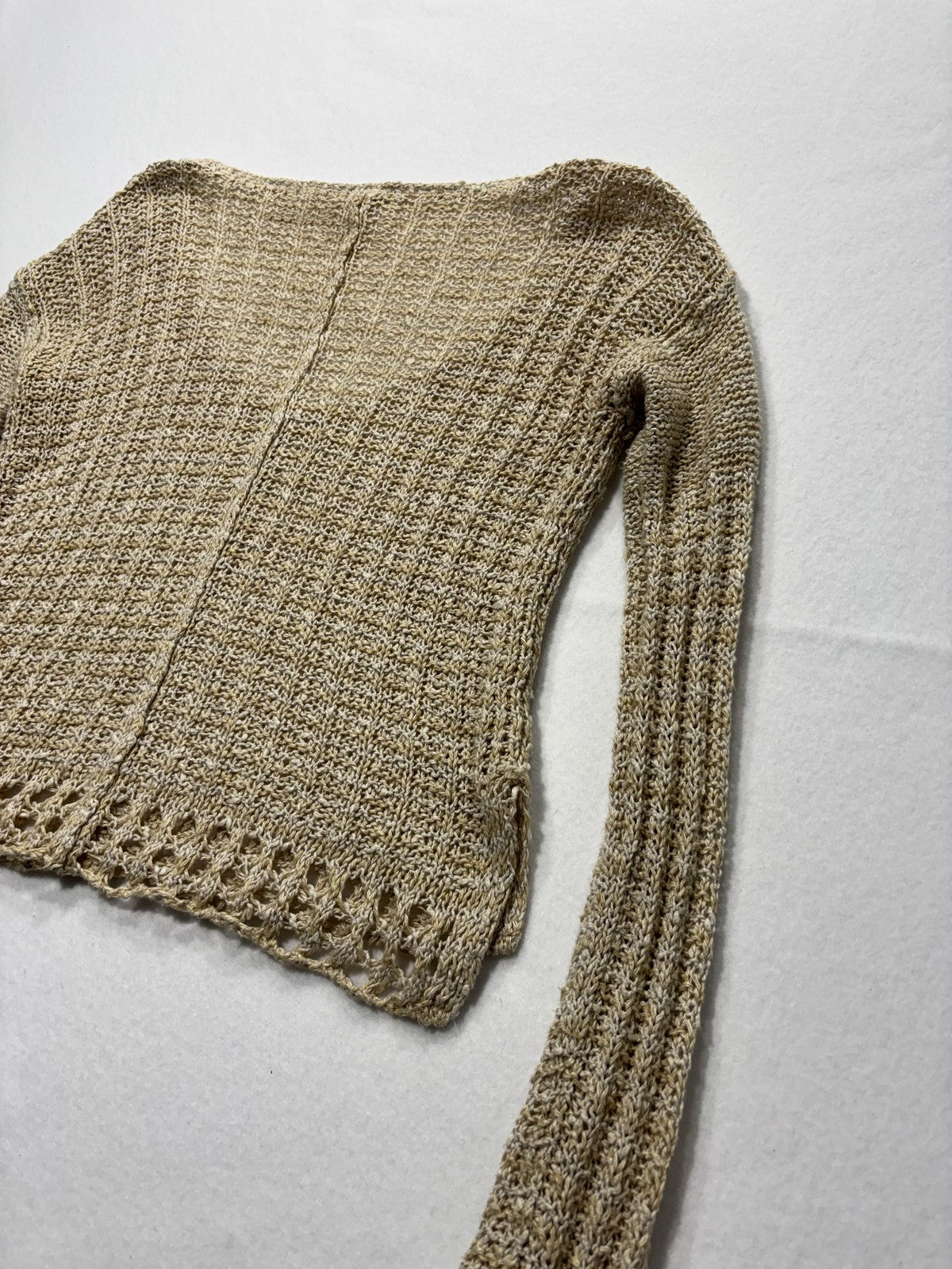 Free People Sweater Womens XS Beige V Neck Long Sleeve Open Knit Crochet Boho