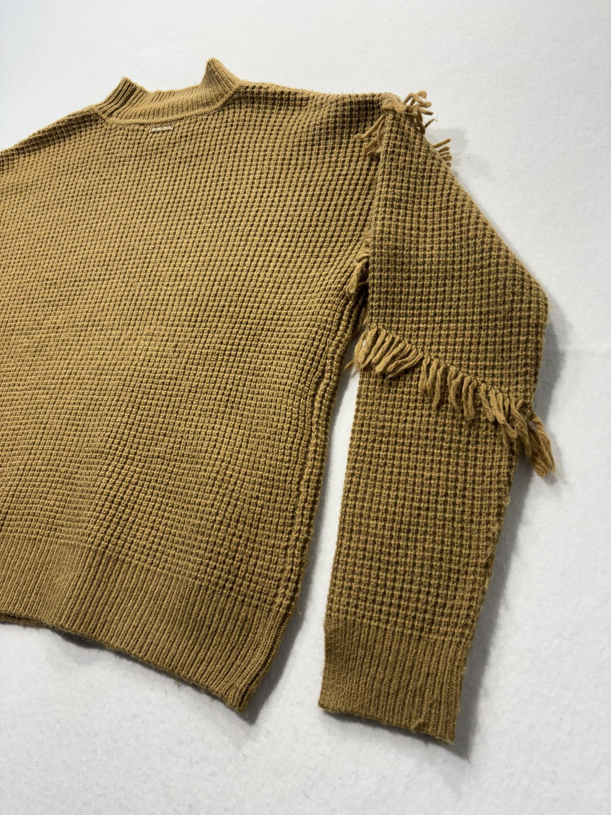 MICHAEL Michael Kors Sweater Womens Large Brown Waffle Knit Fringe Mock Neck