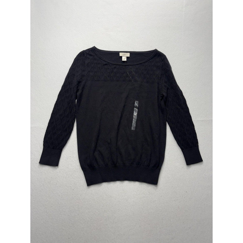 LOFT Sweater Womens Small Black Boat Neck Diamond Knit Sleeve Pullover 370975