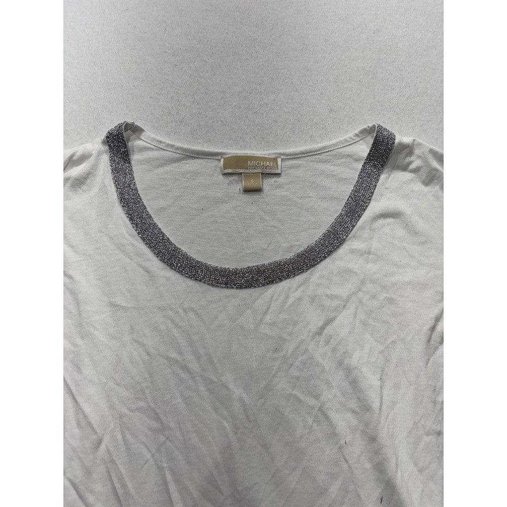 MICHAEL Michael Kors Top Womens Small White Scoop Neck Beaded Long Sleeve Jersey
