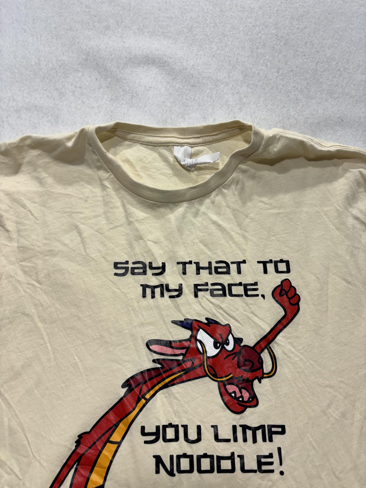 Cottonfelt Mens Large White Disney Mulan Mushu Graphic Tee Limp Noodle Quote