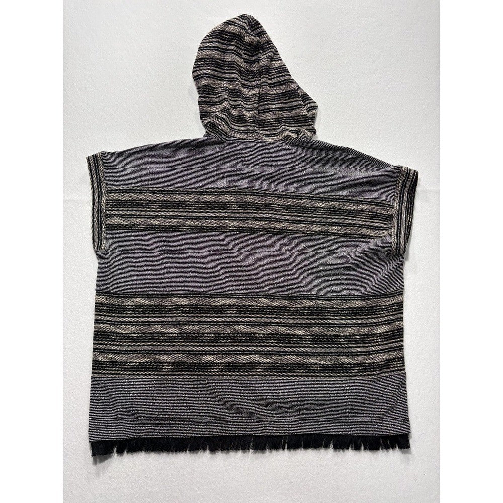 Lucky Brand Sweater Womens XS/S Black Striped Hooded Fringe Poncho Pullover