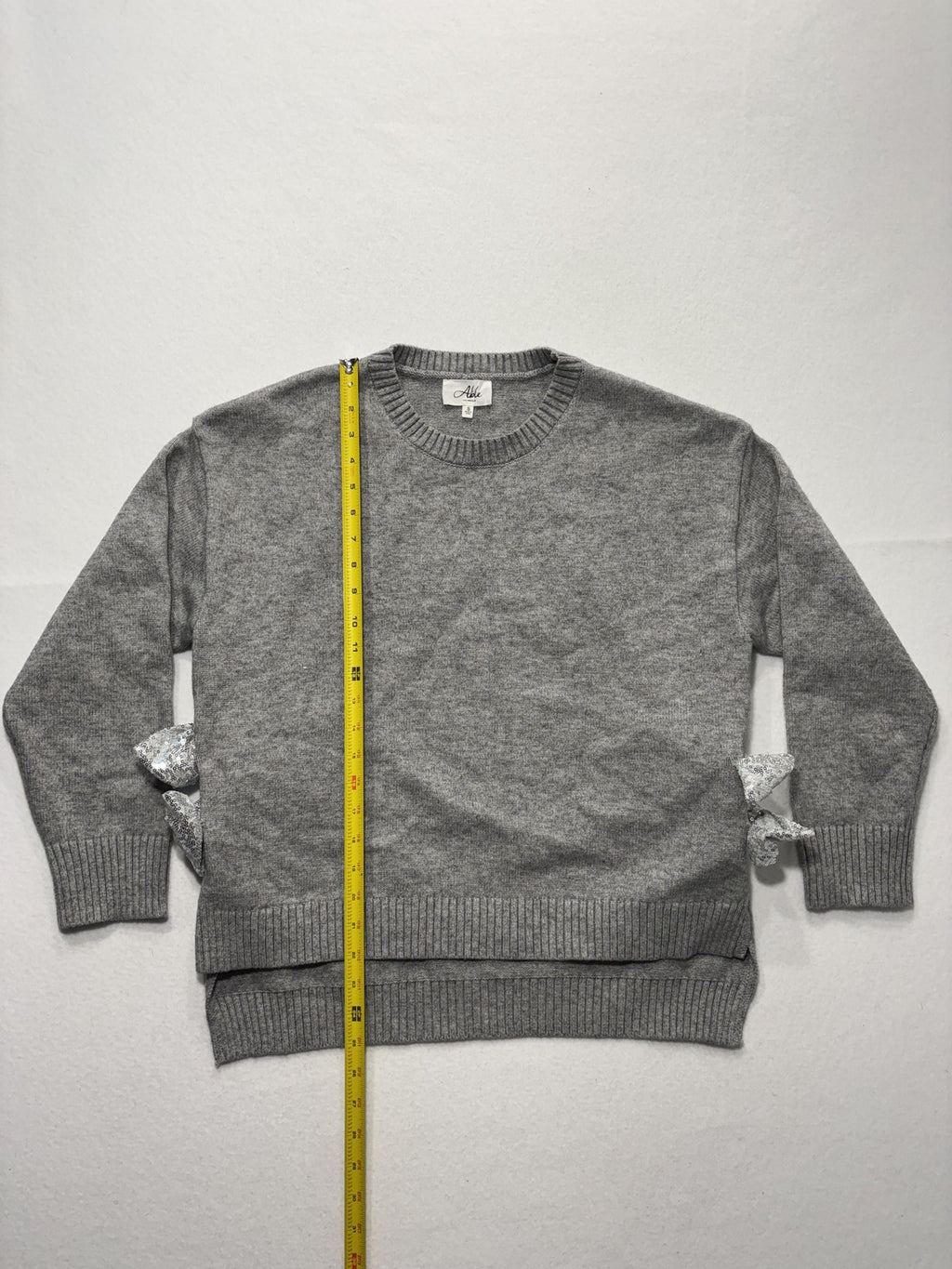 Able Sweater Womens Small Gray Crew Neck Sequin Bow Side Slit Knit Pullover