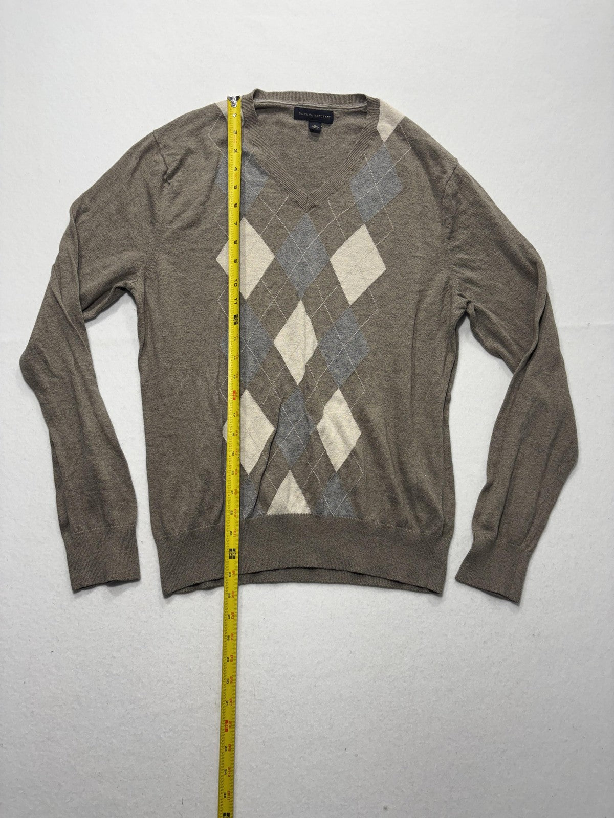 Banana Republic Sweater Mens Medium Brown Argyle V Neck Silk Blend Knit Pullover