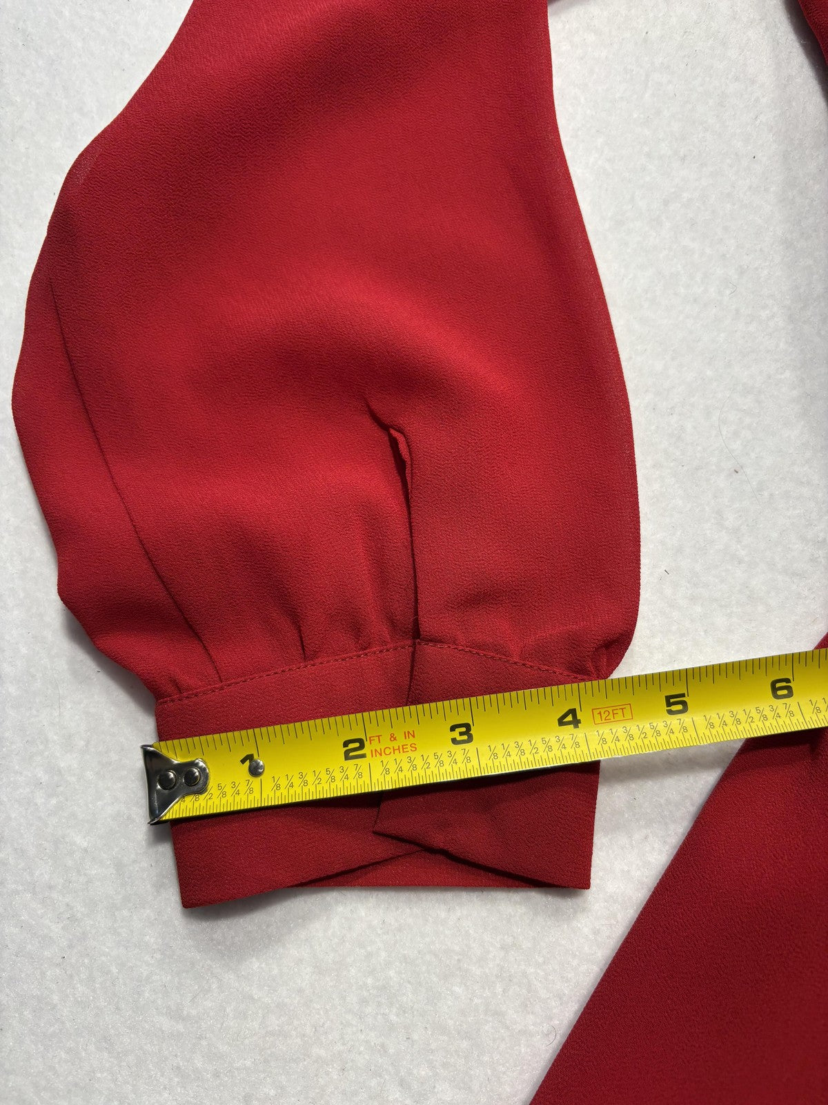 KLD Dress Womens Medium Red Chiffon Belted Fit Flare Long Sleeve Round Neck Mini