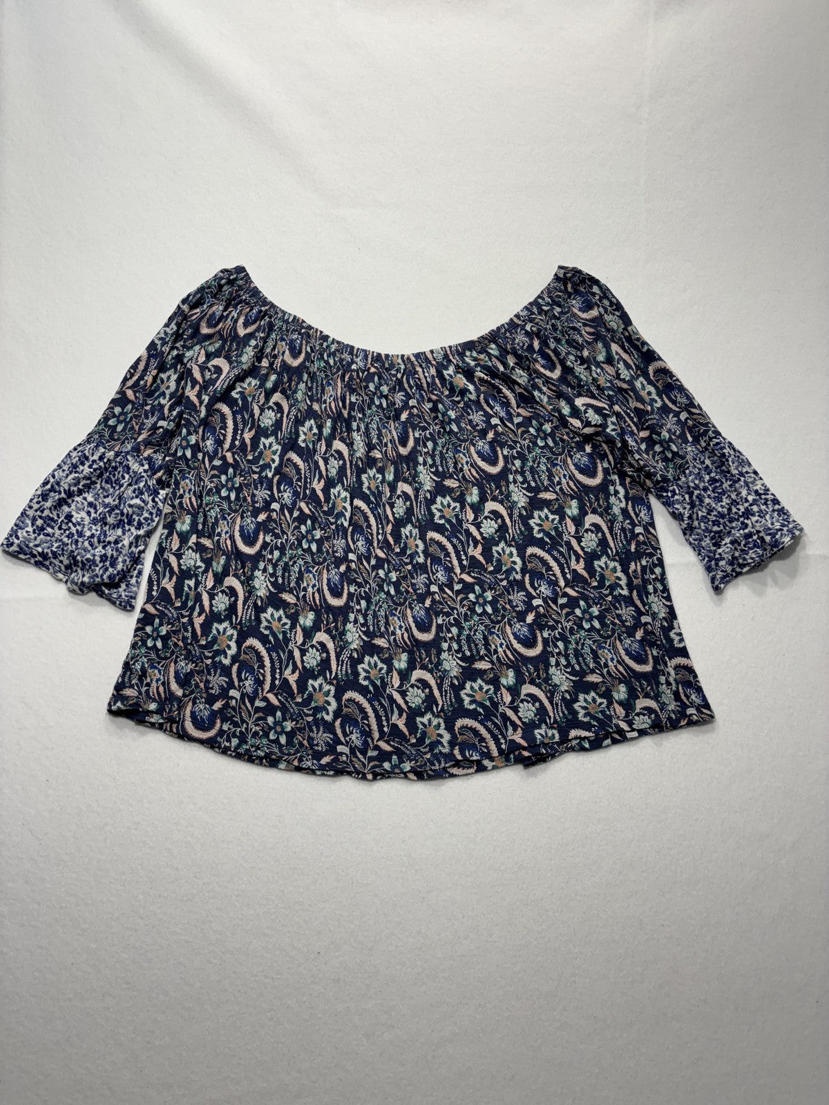 Lucky Brand Blouse Womens Medium Blue Paisley Off Shoulder 3/4 Bell Sleeve Boho