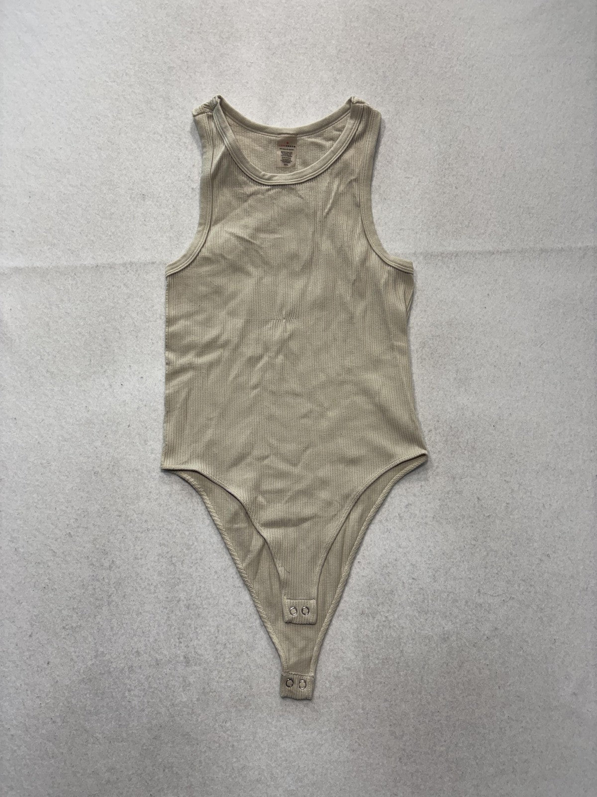 Love Charm Womens Medium Beige Ribbed Knit Tank Bodysuit Racerback Snap 8371JN