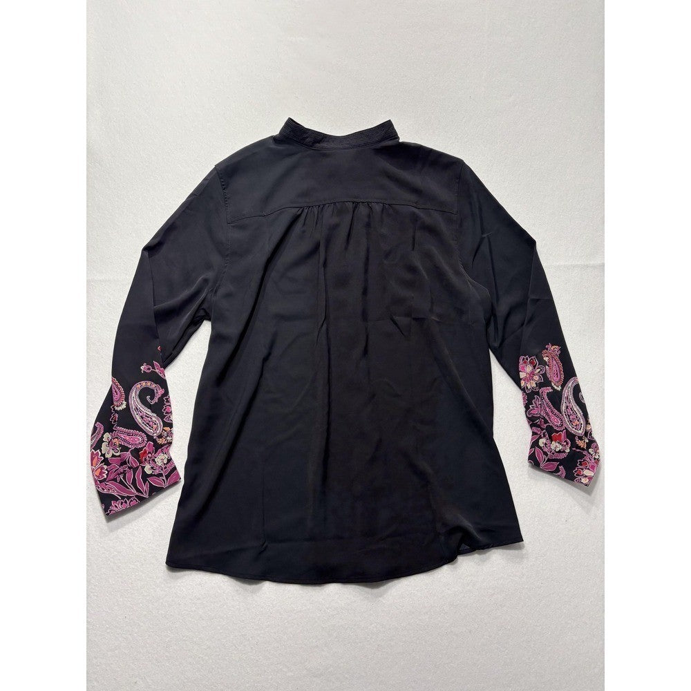 Chicos Womens 2 Black Paisley Floral Tunic Blouse Long Sleeve Mandarin Top