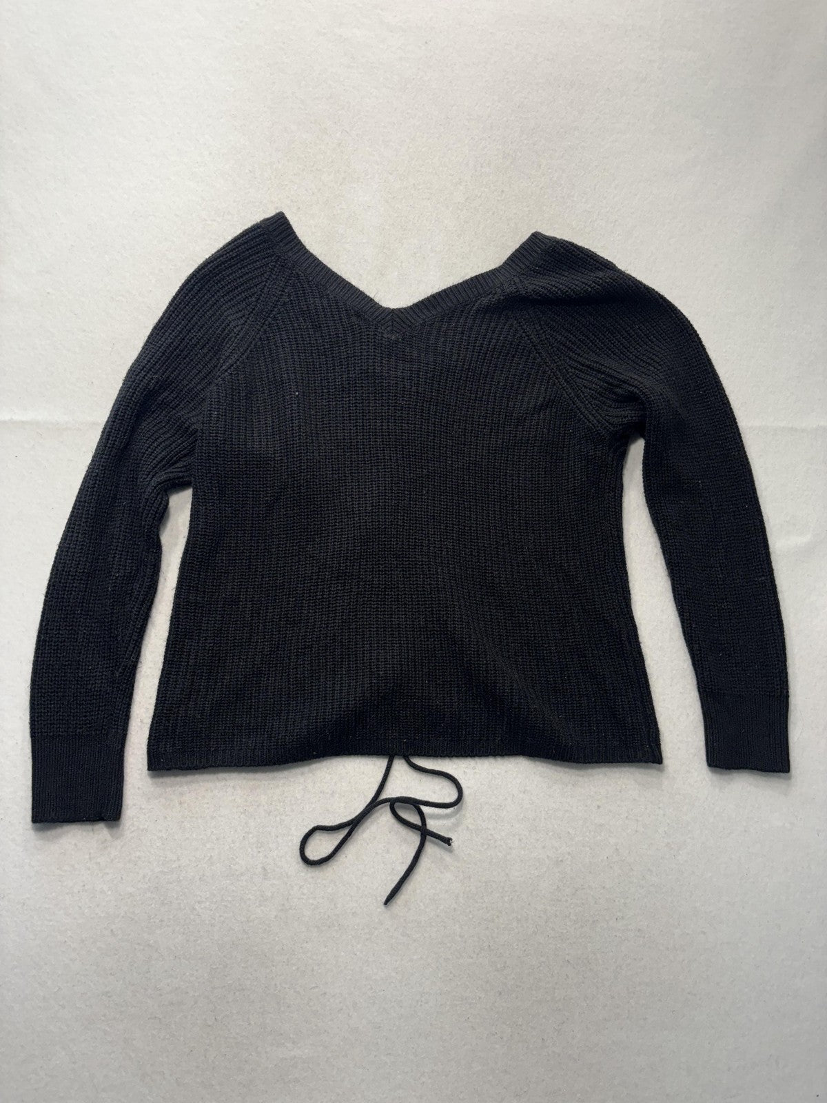 Full Circle Trends Sweater Womens 2X Plus Black V Neck Waffle Knit Drawstring