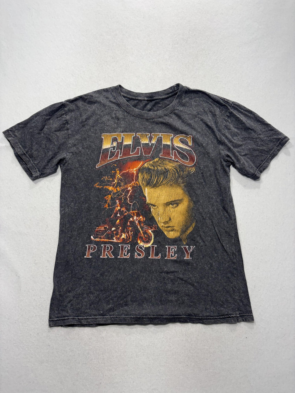 Elvis Presley Shirt Mens Medium Gray Lightning Motorcycle Graphic Tee Music