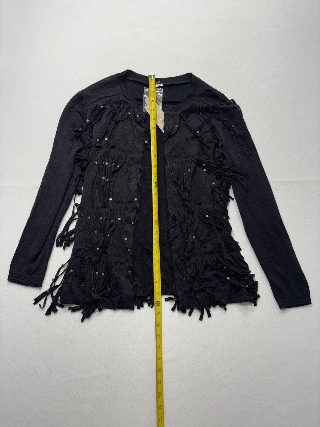 Chan Luu Cardigan Womens XS Black Fringe Sequin Knit Open Front Boho Long Sleeve