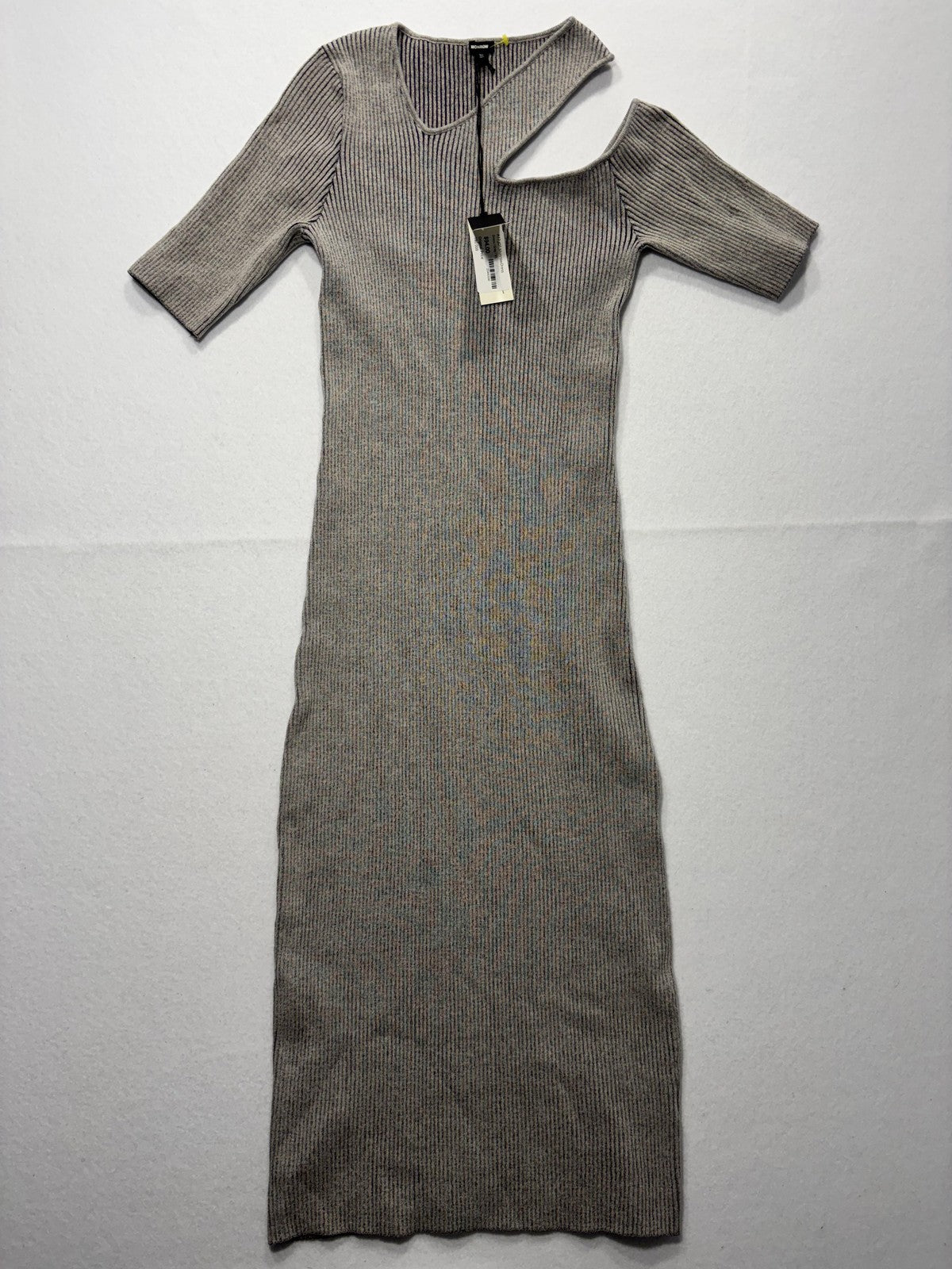Monrow Sweater Dress Womens XS Gray Ribbed V Neck Cutout Bodycon Long Knit