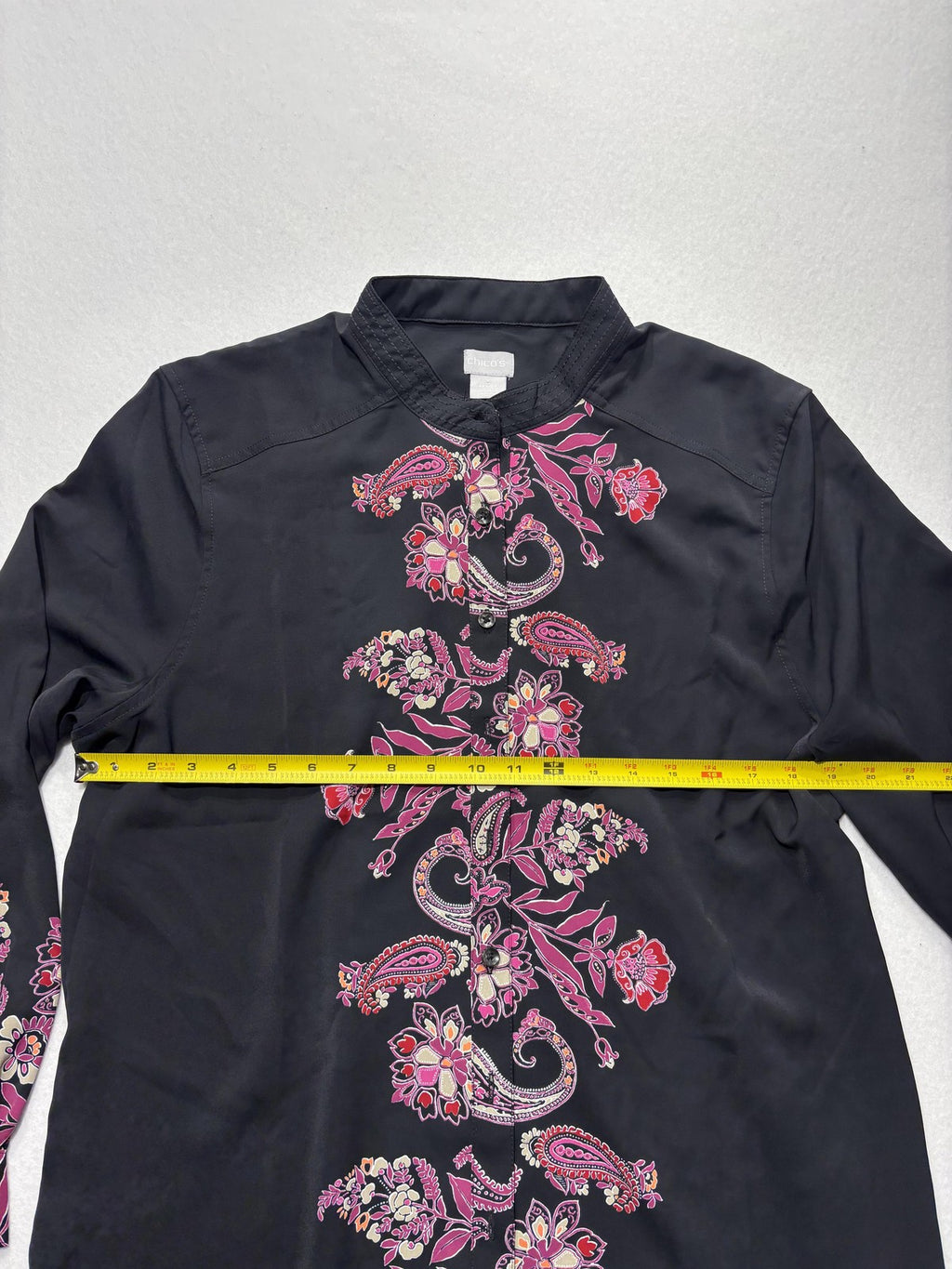 Chico's Shirt Womens 2 Black Paisley Floral Tunic Blouse Long Sleeve Casual
