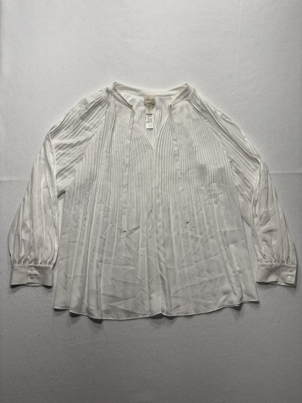 Chico's Blouse Womens 2 White Pleated V Neck Long Balloon Sleeve Tunic Top