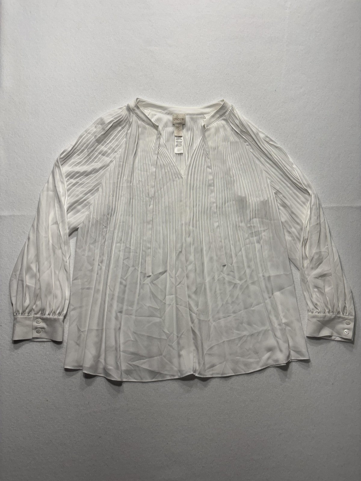 Chico's Blouse Womens 2 White Pleated V Neck Long Balloon Sleeve Tunic Top